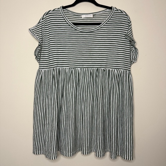 MUSTARD SEED Lagenlook Striped Olive Green Flowy Babydoll Blouse Top - Picture 2 of 6